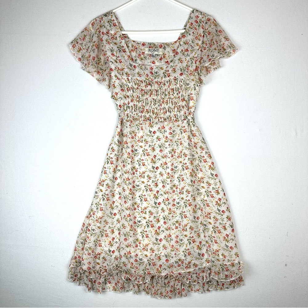 Romy Babydoll Smocked Ditsy Floral Midi Chiffon Dress‎ Coquette